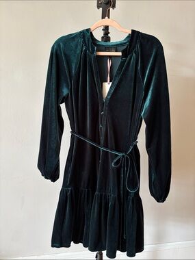 Alex Marie Deep Teal Velvet Long-Sleeve Dress with Tie Waist